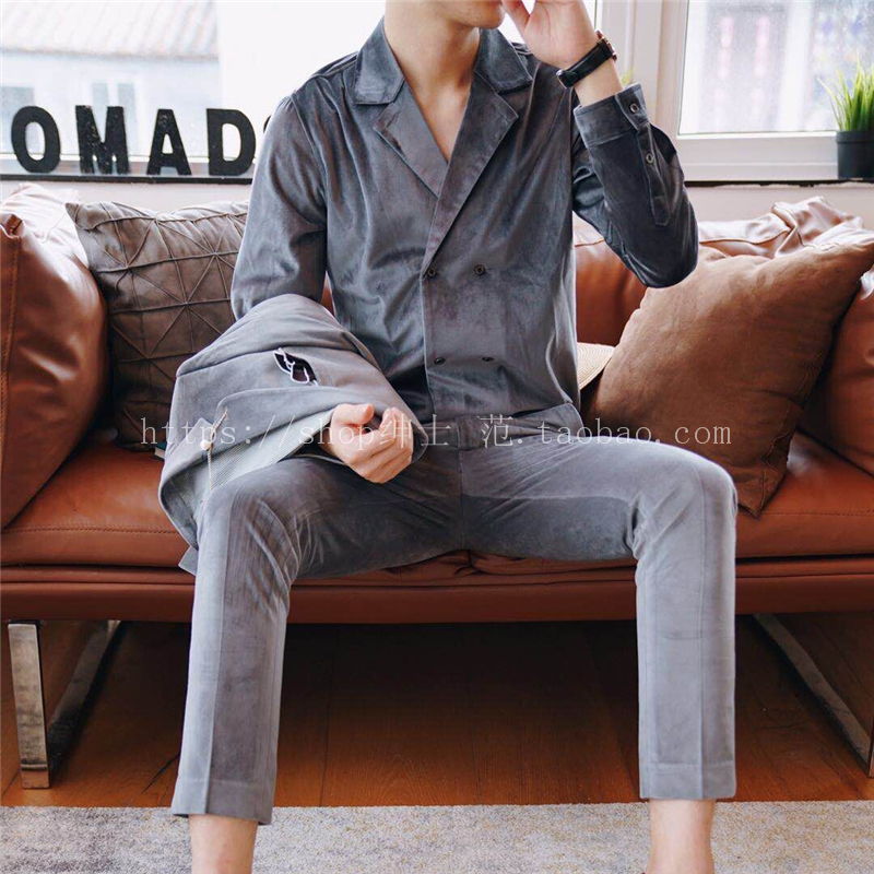 Quạt quý ông 2018 Thu Đông New England Fashion Gold Velvet Fabric Men Hàn Quốc Slim Cuba Cổ áo phù hợp quần đũi nam
