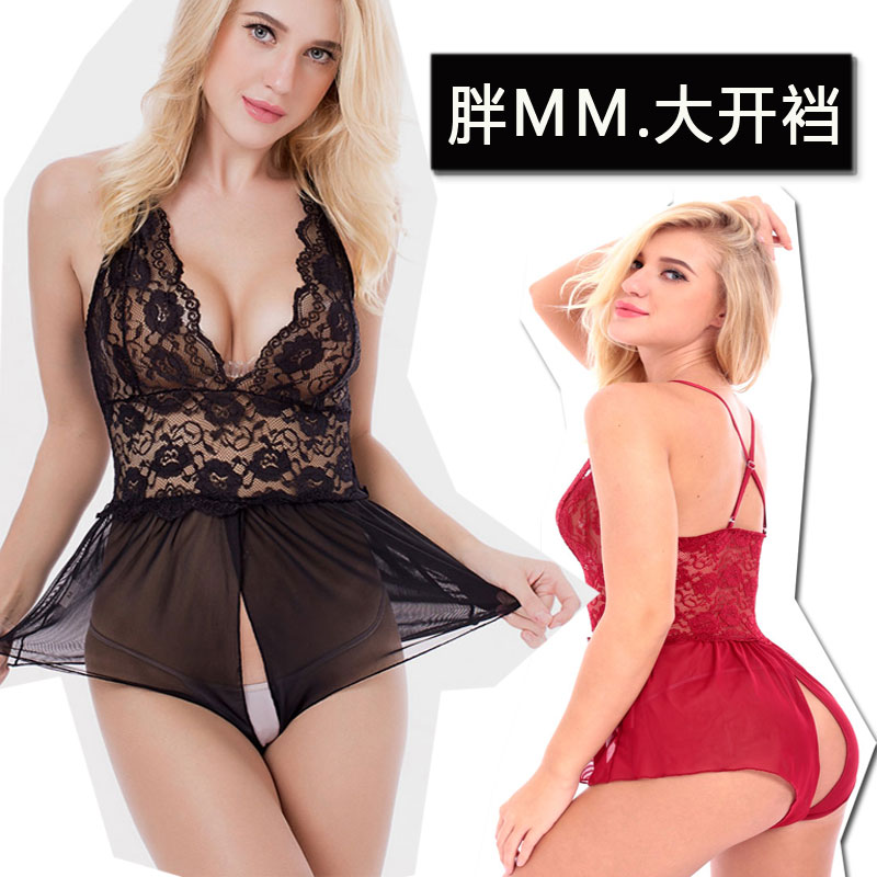 Sexy lingerie coquettish European and American hot one-piece clothes temptation bed flirting fat MM pajamas open crotch passion
