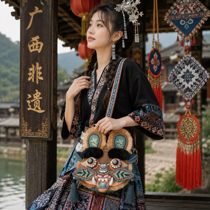 Original Guangxi Intangible Cultural Heritage Tiger Head Bag Crossbody Bag Embroidered by Embroiderers Handmade Bags for Men, Women and Children