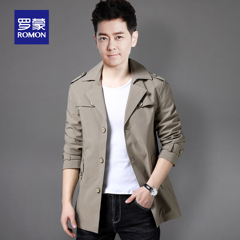Romon Windjersey Men's Mid-Length Business Casual Handsome Jacket Jacket 2023 Spring Autumn Short man loose coat-Taobao