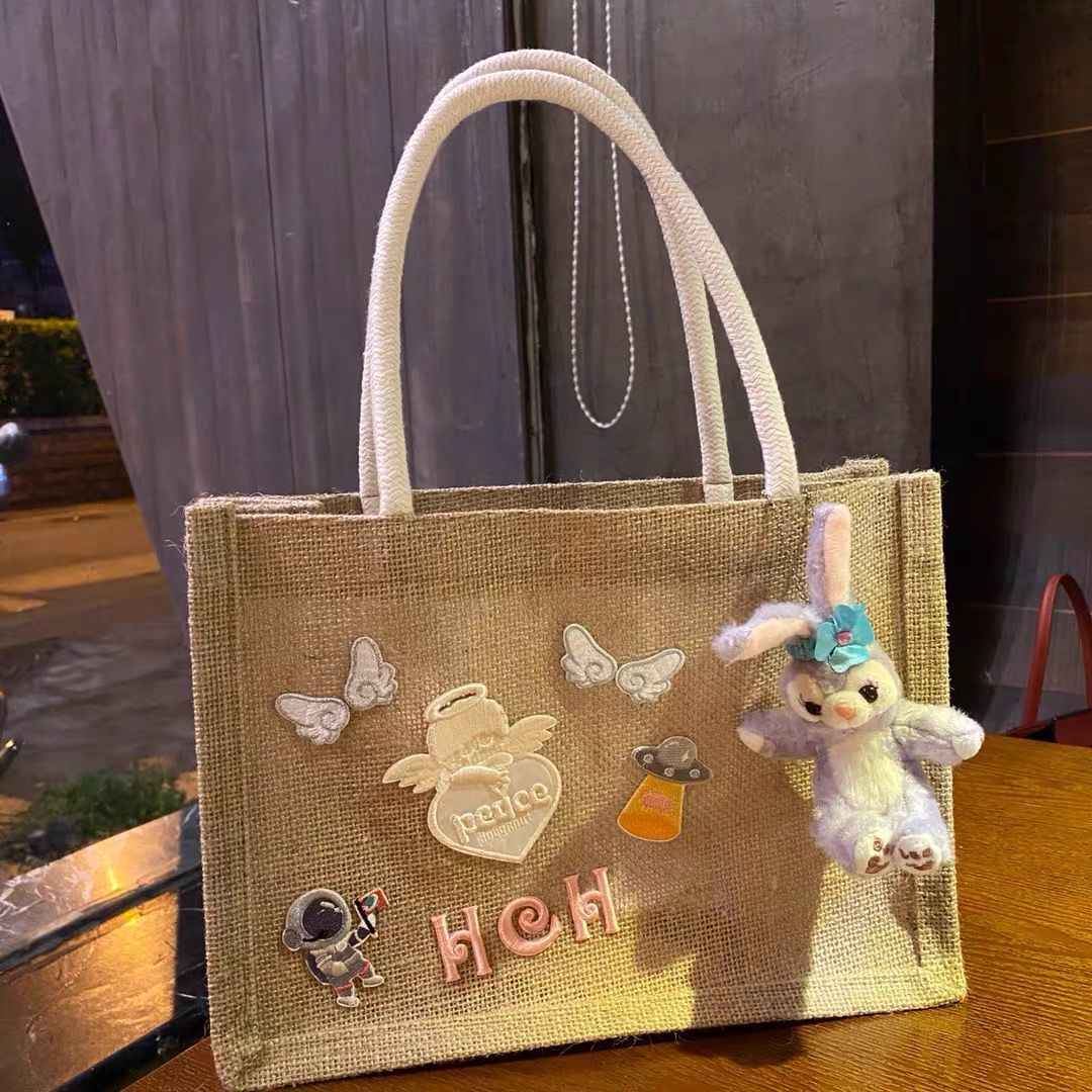 muji no print hemp bag to transform good pinky cloth bag diy hand embroidered with extra-large bag portable yellow bag bag