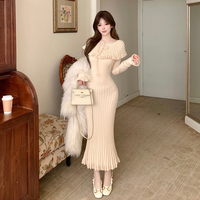 French style heavy beading large lapel knitted dress autumn and winter new slim fit hip-hugging sweater long skirt