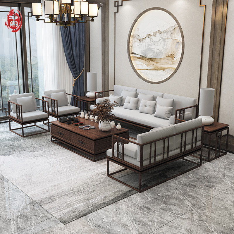 New Chinese style walnut fabric sofa 123 simple solid wood cotton linen modern Chinese style home living room furniture combination