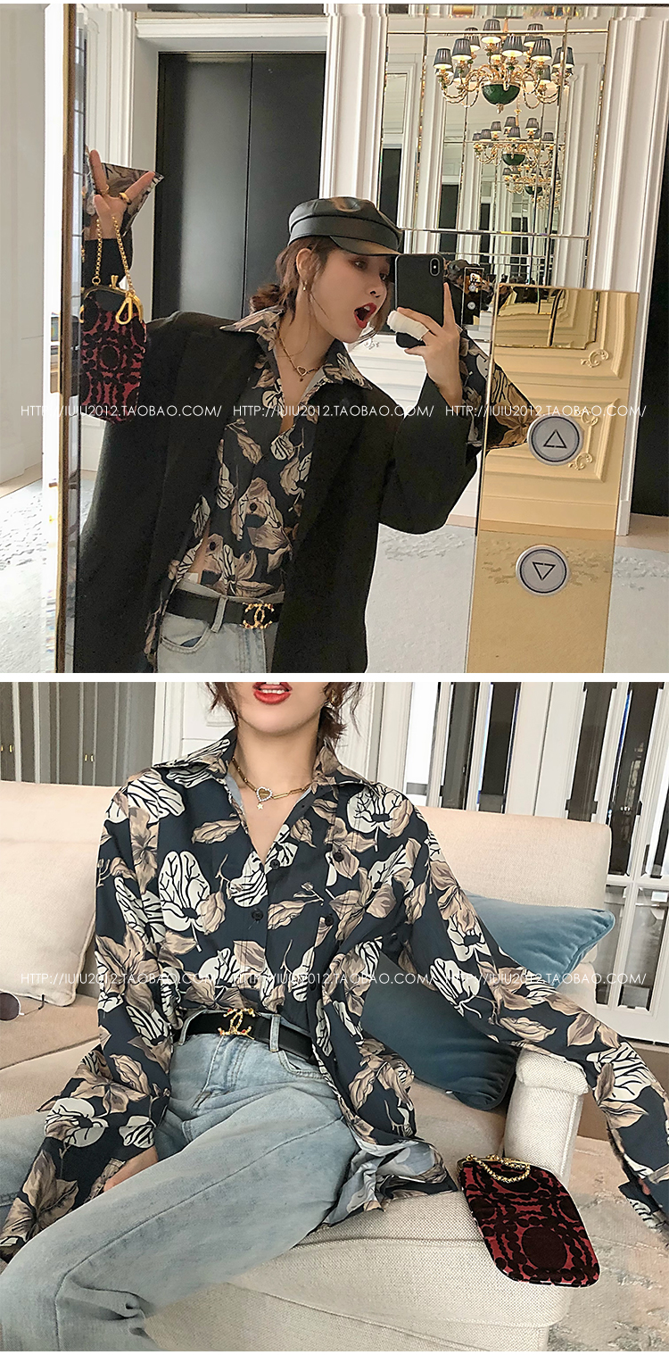 Iiuu Ajingjia 2019 áo sơ mi nữ mùa xuân mới thiết kế áo sơ mi retro in chữ v cổ dài tay - Áo sơ mi sơ mi cổ vest
