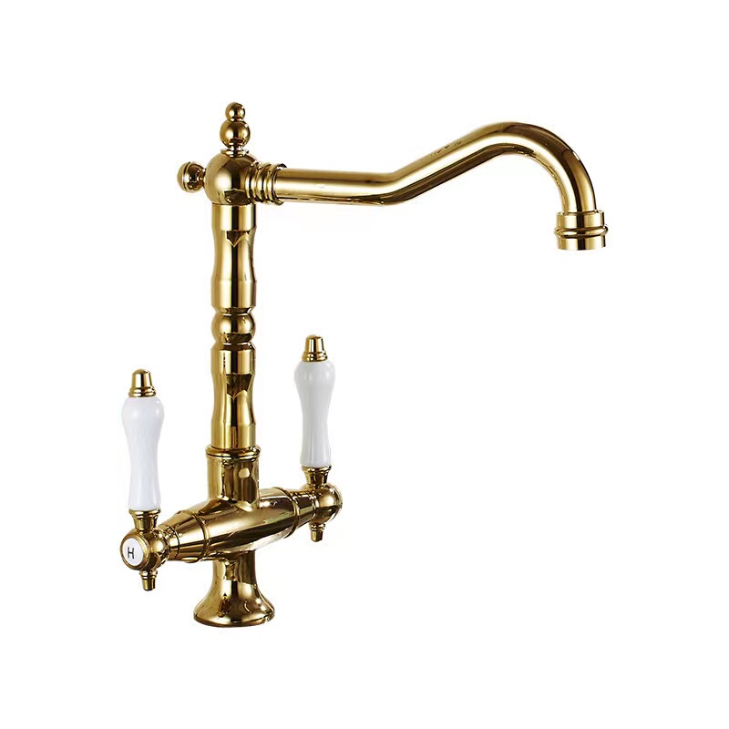 American Retro Gold Kitchen Faucet 360 ° Rotating Ceramic Sink Washbasin All Copper Hot and Cold Faucet American Retro Gold Kitchen Faucet 360 ° Rotating Ceramic Sink Washbasin All Copper Hot and Cold Faucet