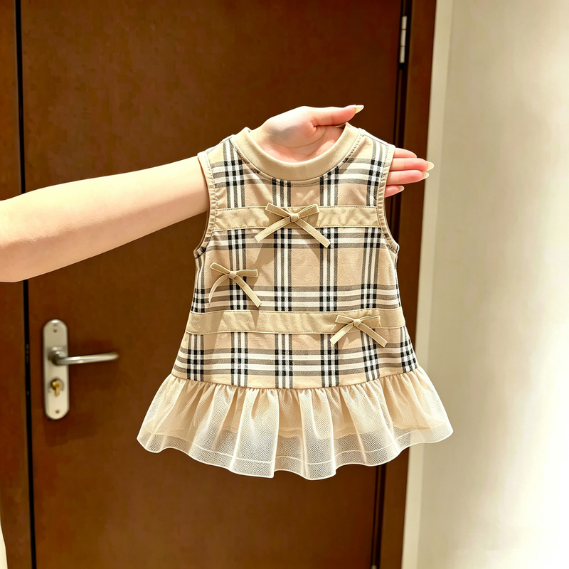 Dog Summer Dress Classic British Plaid Khaki Three Small Bow Sheer Vest Dress for Small and Medium-Sized Dogs and Cats