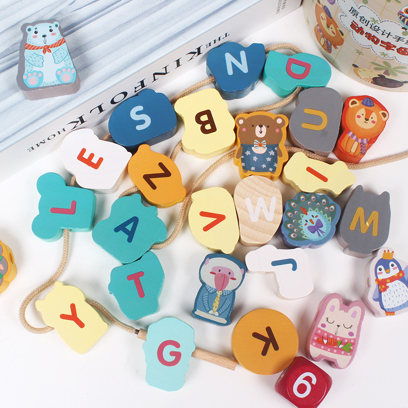 Wooden Barrelled Animal Traffic Building Blocks Beads Children Puzzle Early Teaching Letters Digital Cognition Wearing Rope Toys
