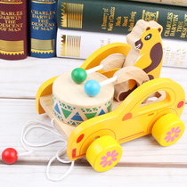 Children drag bear beating drum hand trailer Walker baby wooden educational toy 1-2-3 year old cart