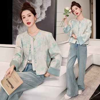Women's clothing/ladies' boutique short jacket chinese style 2025 autumn women's not easily deformed round neck chinese button