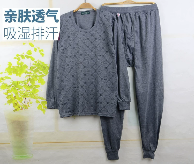 Qiuyi Qiuku Trung niên cotton mỏng phần cơ sở đồ lót nhiệt cotton nam cao cổ áo len thiết lập