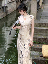 YUFUREN Hancha Daiyue plate button stand collar new Chinese style national style cheongsam dress womens long skirt with slit design
