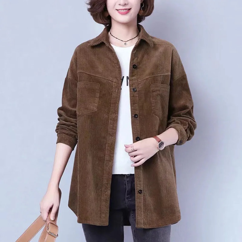 Retro Hong Kong Style Corduroy Shirt for Women, Spring & Fall Mid-Length Style That Covers the Buttocks, Stylish Middle-Aged Mother's Long-Sleeved Shirt Jacket Retro Hong Kong Style Corduroy Shirt for Women, Spring & Fall Mid-Length Style That Covers the Buttocks, Stylish Middle-Aged Mother's Long-Sleeved Shirt Jacket