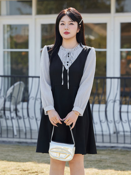 绮娑女装大码连衣裙春季2025年新款法式假两件显瘦胖MM收腰A字裙