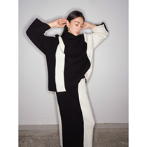 MARYME imports Australian Merino wool irregularly black and white splicing sweater half - skirt suit