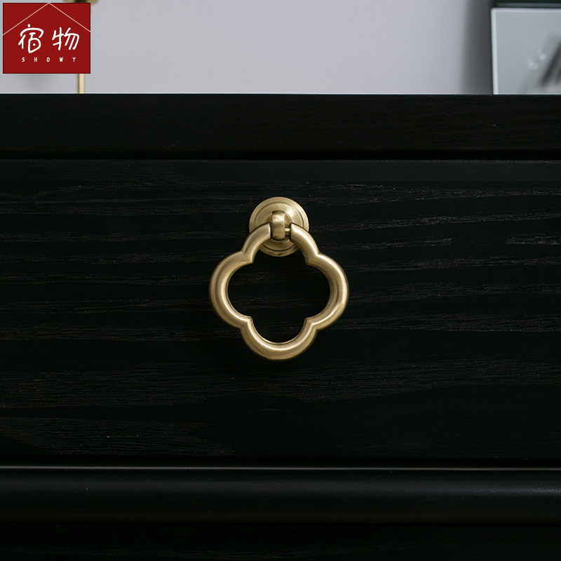 New Chinese American style French style pure brass pull handle overall cupboard cabinet door inner drawer copper handle four leaves straw gold small handle