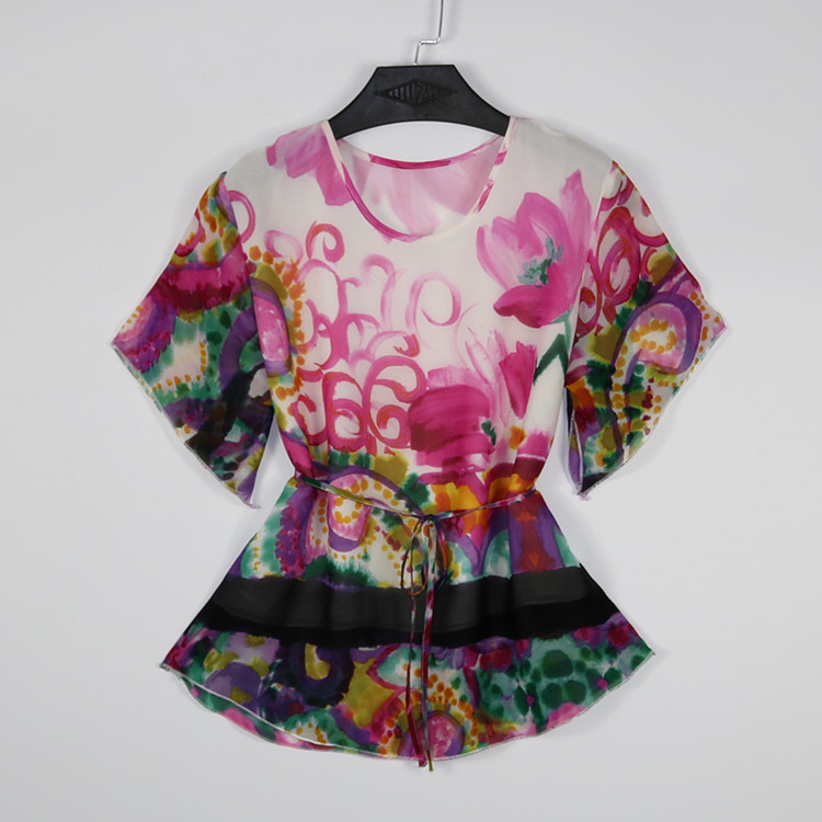 Double-layer silk short-sleeved T-shirt mulberry silk round neck loose women's top summer thin section fly-sleeved shirt