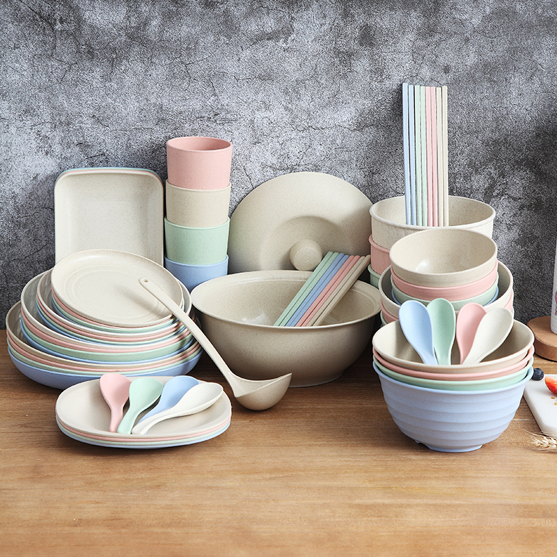 Wheat Straw Tableware Set, Bowls, Plates, Dishes, Household Use, Single-Person Plastic Anti-Drop Chopsticks, Spoon, Eating Bowl