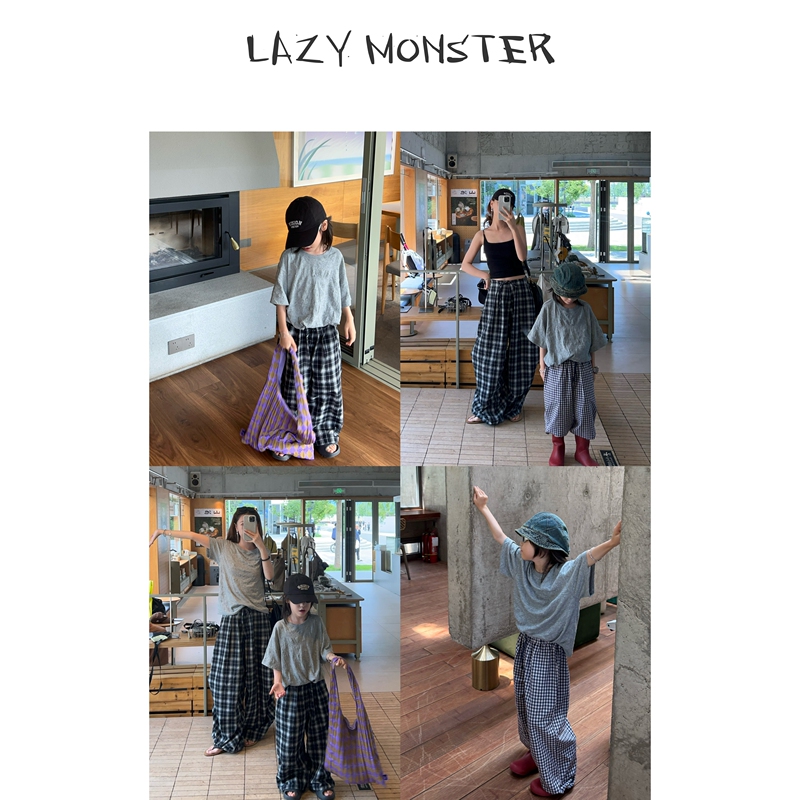 Lazy Monster Zero-Pressure Wrinkle-Resistant Gray Short-Sleeved Thin Plaid Anti-Mosquito Pants