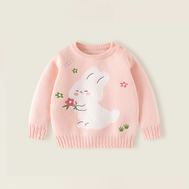Girls' Sweater Autumn and Winter New Style Baby Infant A-Class Pure Cotton Round Neck Pullover Pink Rabbit Inner Knitwear