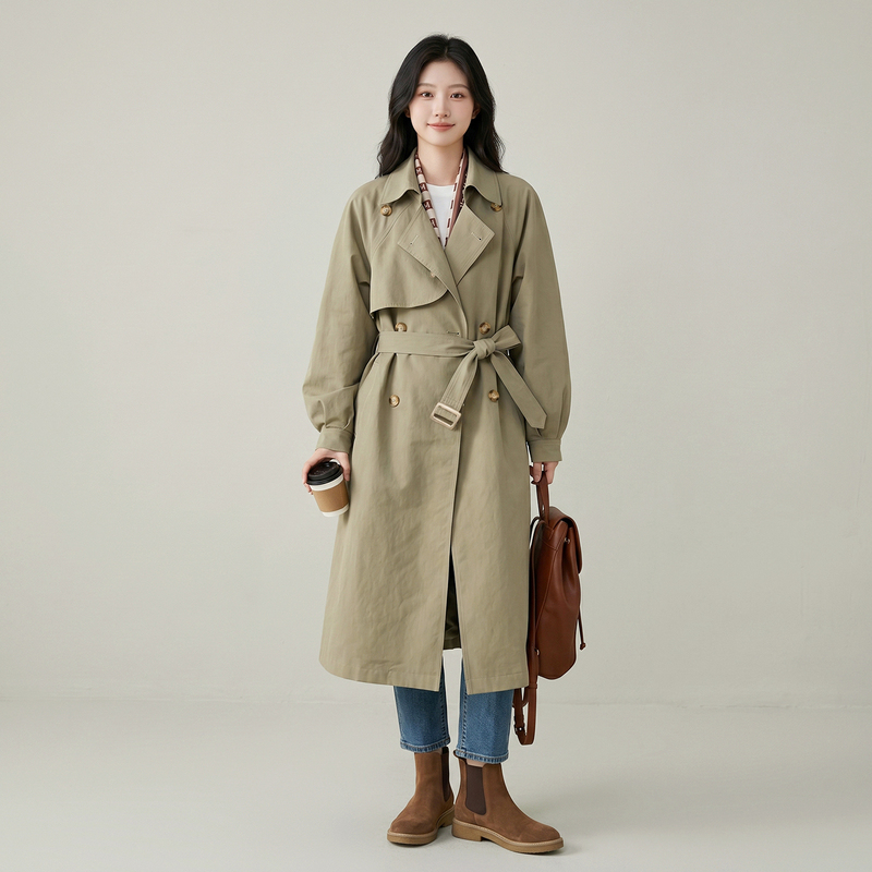 Women's Mid-Length Trench Coat 2026 Autumn New Style High-End Elegant British Style Classic Versatile Silhouette Coat Women's Mid-Length Trench Coat 2026 Autumn New Style High-End Elegant British Style Classic Versatile Silhouette Coat
