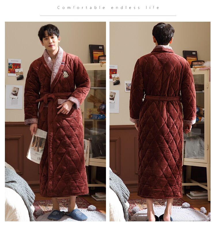 Nhung nhung ba lớp chần cộng với nhung dày áo choàng nam mùa đông trung niên ấm áp nam XL mùa đông cộng với phần dài váy ngủ nữ