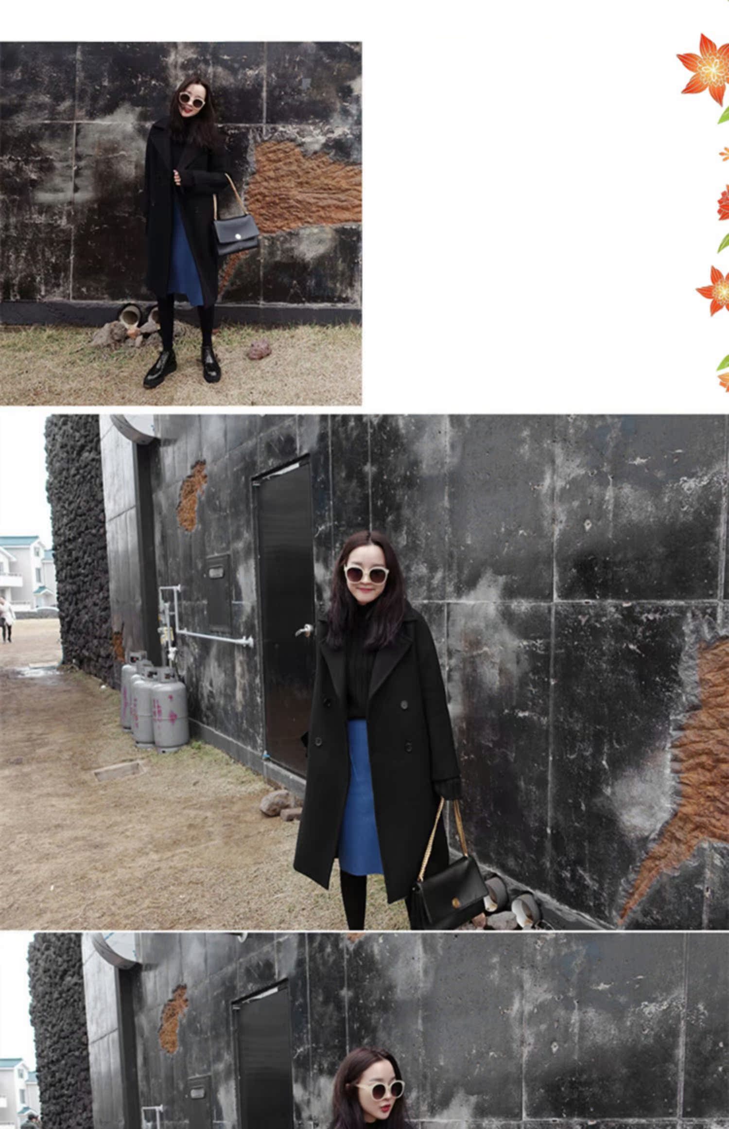 Thời trang Hàn Quốc áo len dài ve áo mỏng mùa thu và mùa đông áo khoác đen - Trung bình và dài Coat áo cardigan nữ