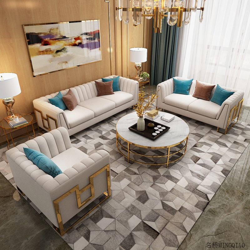 Post-modern Hong Kong-style fabric sofa living room combination light luxury stainless steel leather modern minimalist small apartment model room