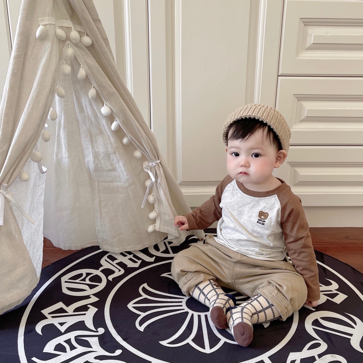 upupfour cotton original bear embroidery long-sleeved boys and girls contrast color raglan sleeves all-match basic top