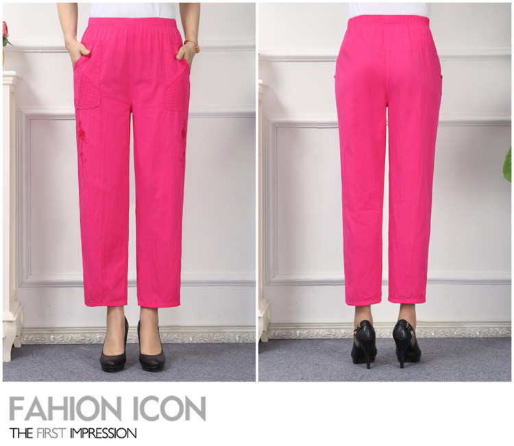 Quần dài vừa và già của phụ nữ thường mặc quần thun cotton mùa xuân và quần mùa thu cotton thêu chín quần cỡ lớn quần jean nữ