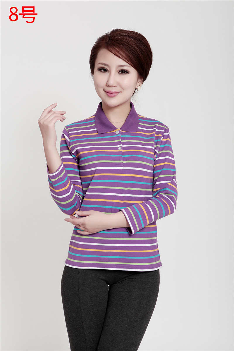 Cô Qiuyi Áo dài tay Nữ trung niên Cô Cotton Cotton Áo thun sọc ngang Áo sơ mi đơn giản trung niên quần áo cho mẹ