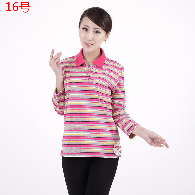 Cô Qiuyi Áo dài tay Nữ trung niên Cô Cotton Cotton Áo thun sọc ngang Áo sơ mi đơn giản trung niên quần áo cho mẹ