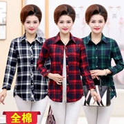 Áo sơ mi nữ trung niên cotton mùa xuân kẻ sọc dài tay áo sơ mi nữ trung niên cotton áo sơ mi bà tải