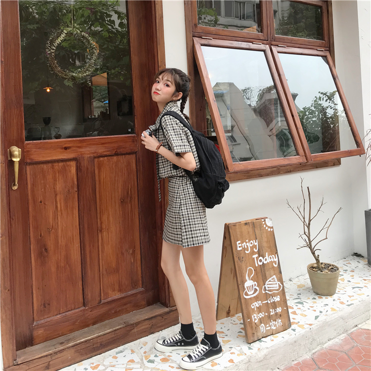 VK旗艦店 韓系寬鬆復古格紋套裝短袖裙裝