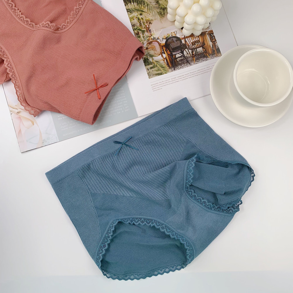 Waist protection sweetheart~ High waist large size bag hip comfortable and seamless Japanese bow lace antibacterial crotch briefs for women - Taobao