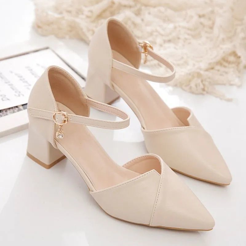 Student Single Shoes, High Heels, Girls' Hollow Children's Leather Shoes, Chunky Heel, Pointed Toe, Summer Fashion Sandals, Versatile, 12-14 Years Old
