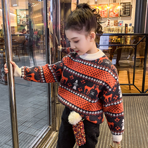 Girls sweater thickened autumn and winter clothes 2020 new childrens foreign style pullover base shirt big child Christmas red New Year