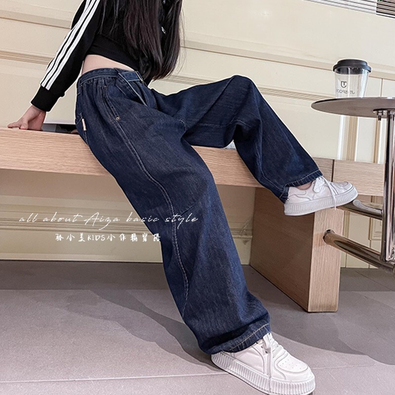 Girl Winter Clothing Plus Suede Jeans 2023 New Children Autumn Winter Loose Pants Trendy Thickening Straight Drum Old Daddy Pants-Taobao