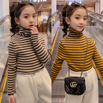 Girls knitting underwear 2023 new Yanqiu winter clothes children's striped thickened T-shirt high-collar and velvet top