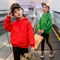 Red girls sweater autumn and winter 2020 new childrens velvet thickened New Years outfit Western style hooded top warm