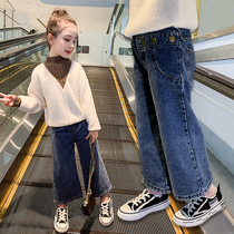 Girls spring and autumn jeans 2021 new Western style thickened velvet wide leg pants childrens trousers big childrens pants autumn and winter