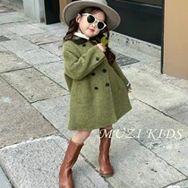 Korean style girls green woolen coat 2024 spring season new style foreign style childrens mid-length thickened woolen coat