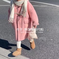 Korean style childrens clothing girls double-sided cashmere coat spring style baby style pink horn button hooded woolen coat