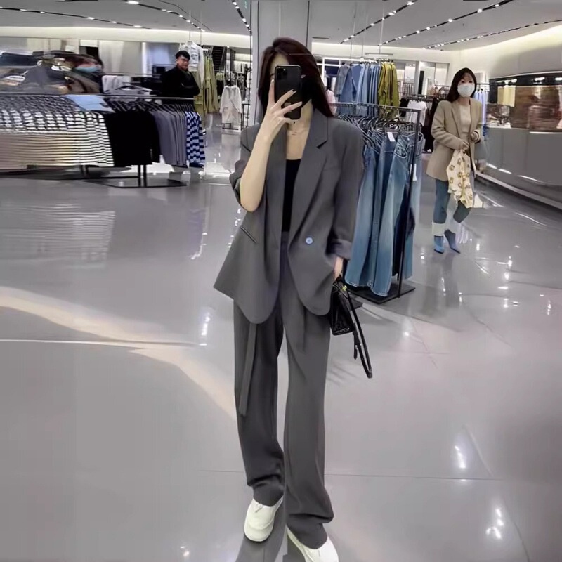 2026 Spring and Autumn New Plus Size Women's Gray Wide-Leg Pants Suit Korean Style Fat Girl Fashion Casual Workwear 2026 Spring and Autumn New Plus Size Women's Gray Wide-Leg Pants Suit Korean Style Fat Girl Fashion Casual Workwear