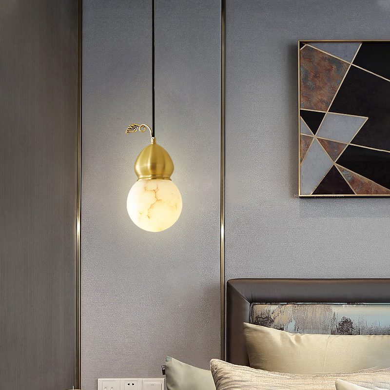 Bedroom bedside small chandelier single-head light luxury new Chinese style full copper marble three-head creative gourd restaurant bar lamp