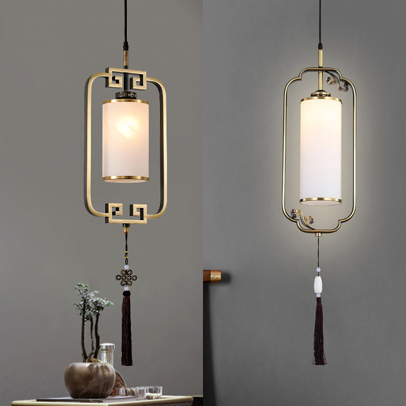 New Chinese-style all-copper small chandelier single-head Chinese knot living room TV wall corridor bedroom bedside hanging line lamp aisle lamp