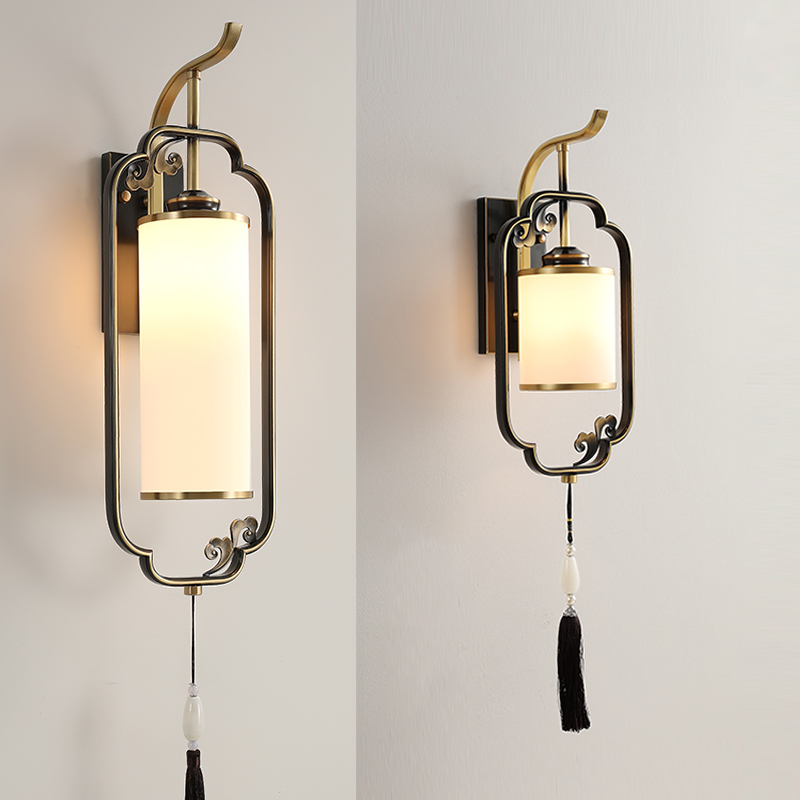 Pinlijia new Chinese style full copper wall lamp living room background wall Chinese style bedroom bedside luxury aisle lamp glass