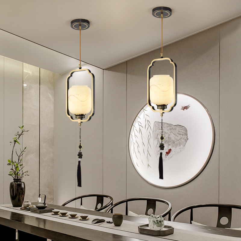 New Chinese small chandeliers All-copper China Wind Zen Dining Room Lamp Entrance corridor Xuanguan Balcony Glass Lamps