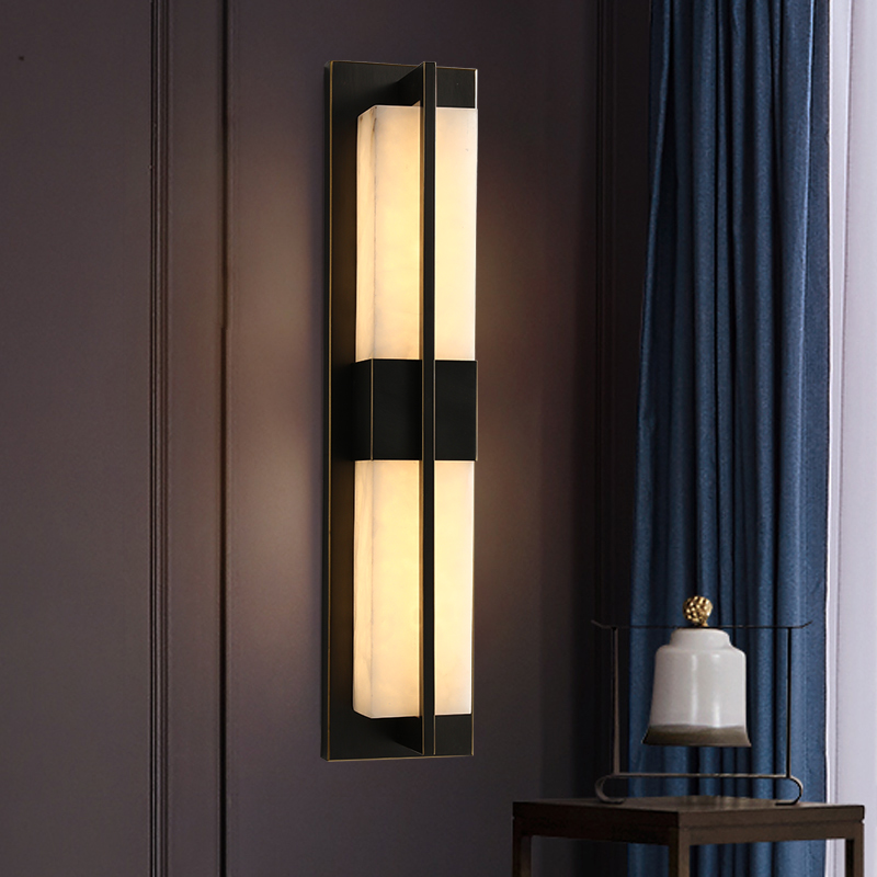 Light luxury wall lamp new Chinese-style all-copper living room video wall lamp post-modern natural marble atmosphere bedroom bedside lamp