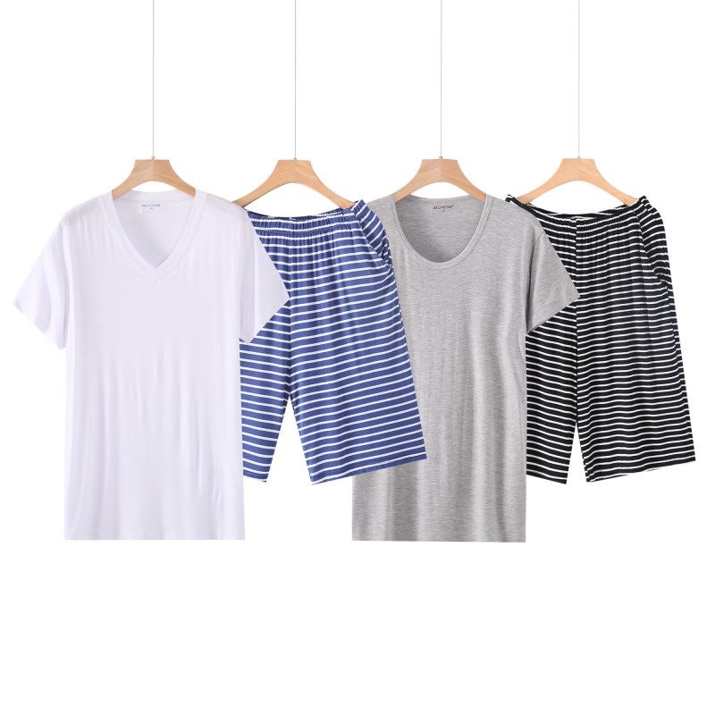Summer men's modal short-sleeved pajamas ice silk enlarged striped shorts can be worn outside thin section loose home service suit