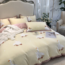 Printed cartoon pastoral style milk velvet four-piece set winter warm quilt cover double-sided velvet faulis bed four-piece set